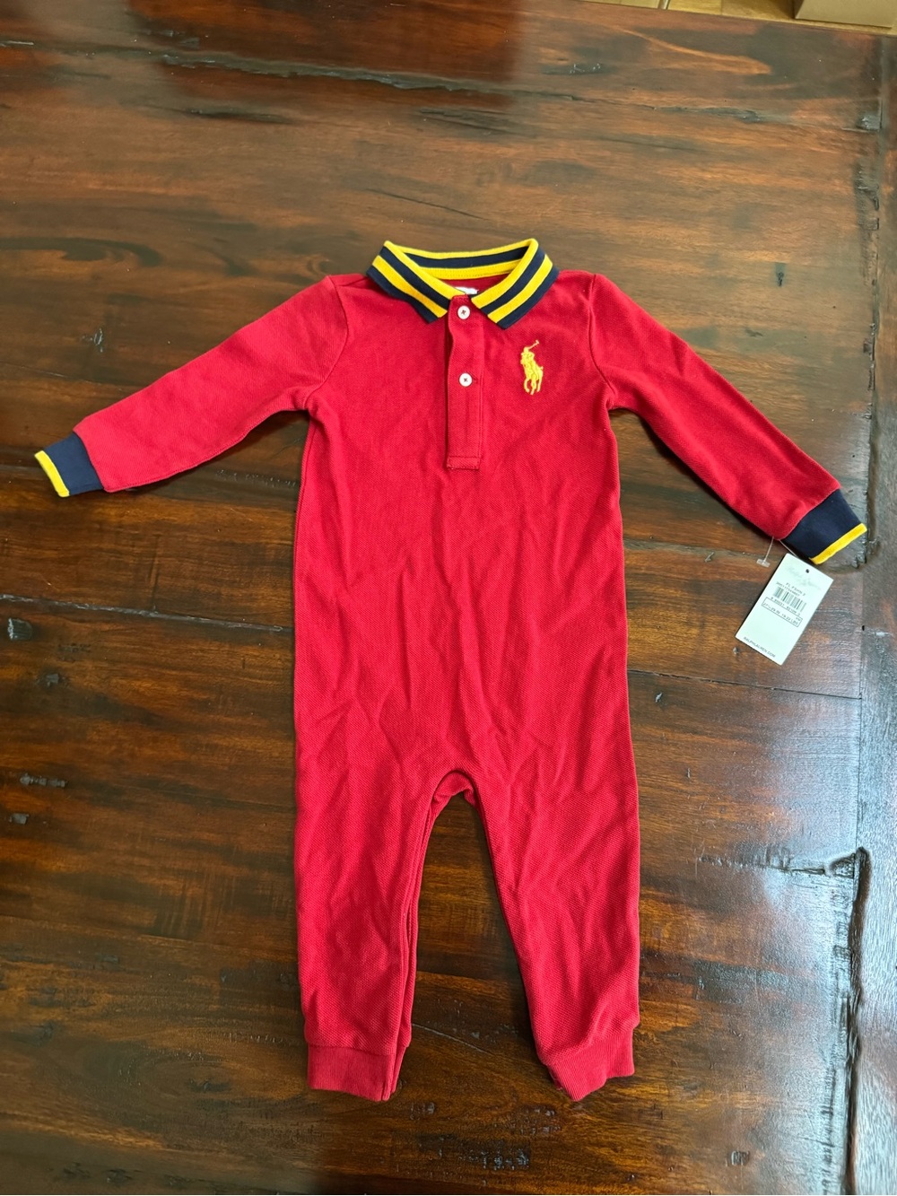 Ralph Lauren baby boy romper red/yellow/blue stripe snap cotton collared 9 Month